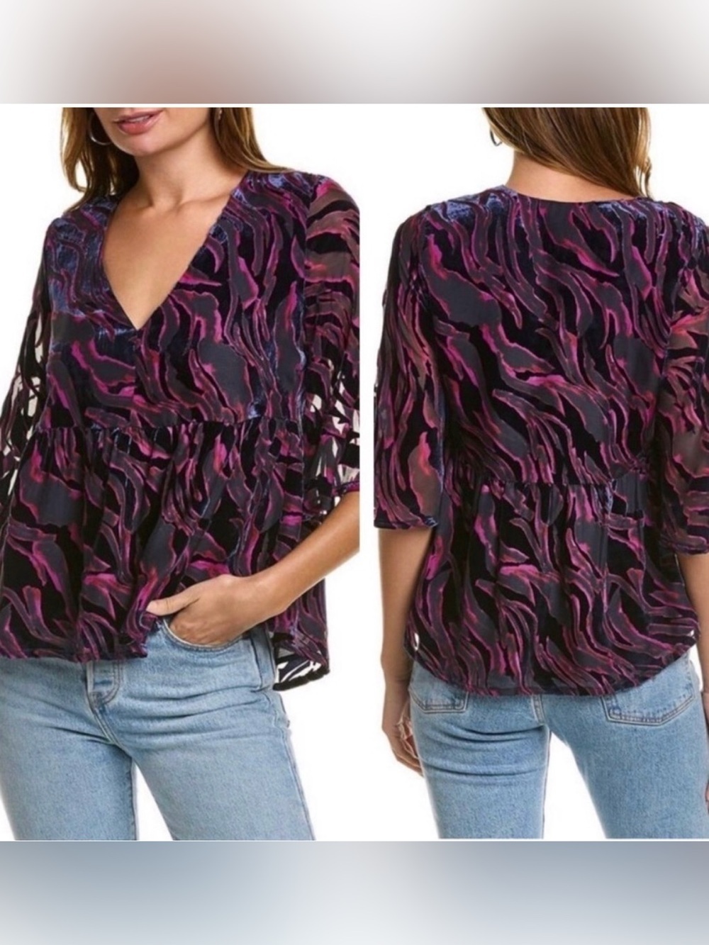 Johnny Was Selene Velvet Silk-Lined Black Pink Abstract Blouse Size M